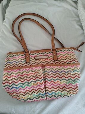 Rosetti Multicolor Chevron Straw Tote with Tan Handles
